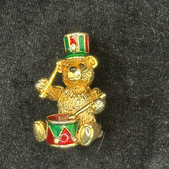 Vintage Christopher Radko Teddy Bear Drummer Christmas Brooch Gold Tone Enamel Holiday Pin