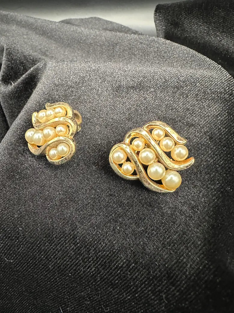 Vintage Trifari Gold Tone Faux Pearl Swirl Clip Earrings Elegant Designer Statement Jewelry