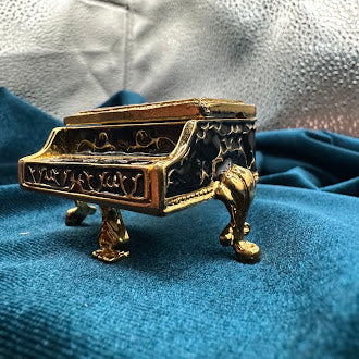 Black Enamel Grand Piano Trinket Box Gold Tone Floral Lid Rhinestone Trim