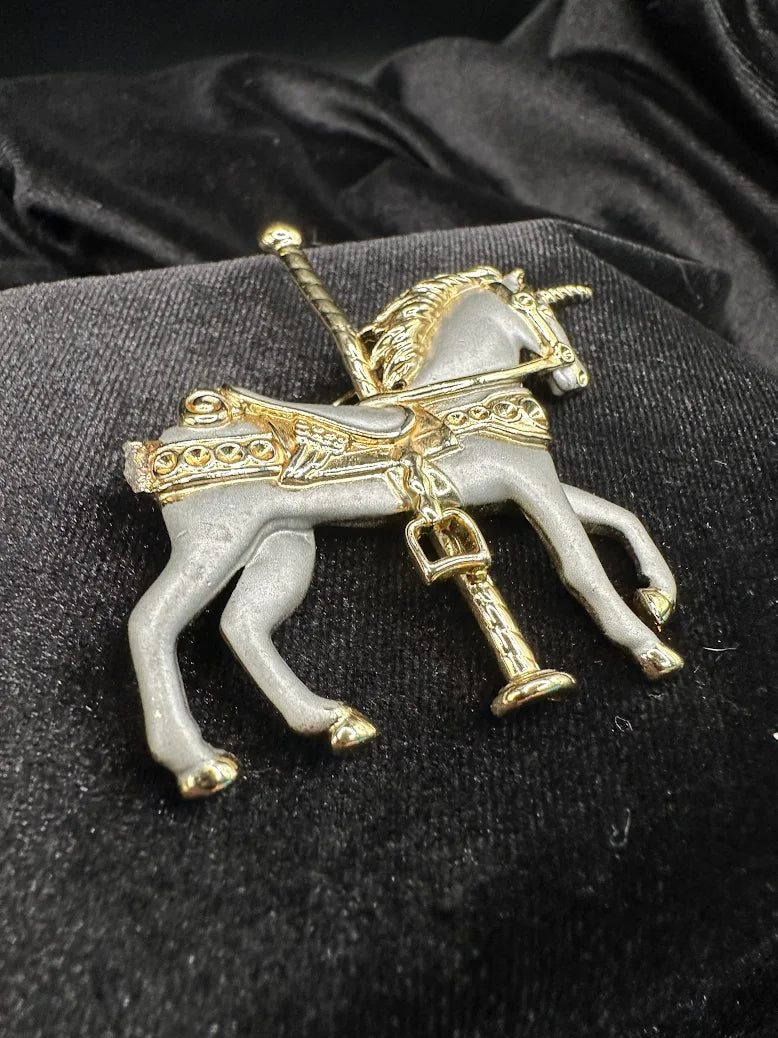 Vintage Enamel Carousel Unicorn Brooch Gray Gold Tone Rhinestone Saddle Fantasy Horse Pin