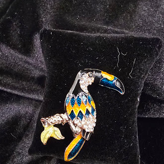 Gold tone enamel toucan brooch colorful tropical bird on branch pin