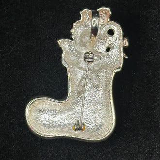 Christmas Stocking Brooch with Gifts and Holly Enamel