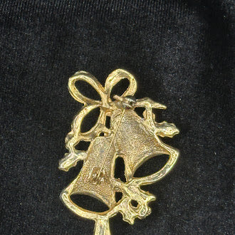 Red Enamel Christmas Bells Brooch with Rhinestones and Holly