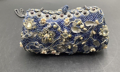 Mary Frances Beaded Floral Clutch with Chain Strap | Blue Gold Embellished Evening Handbag