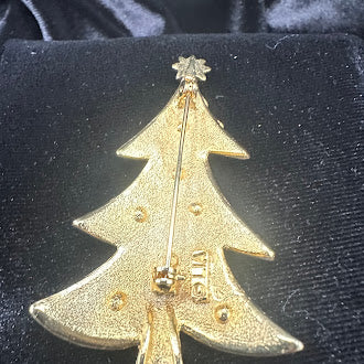 LIA Gold Tone Green Enamel Christmas Tree Brooch Crystal Holiday Vintage Festive Pin