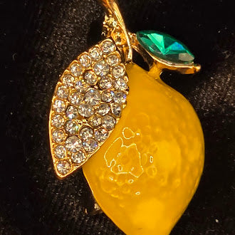 Enamel Lemon Brooch Yellow Lemon with Rhinestone Leaf and Green Crystal Accent, Gold Tone Fruit Pin