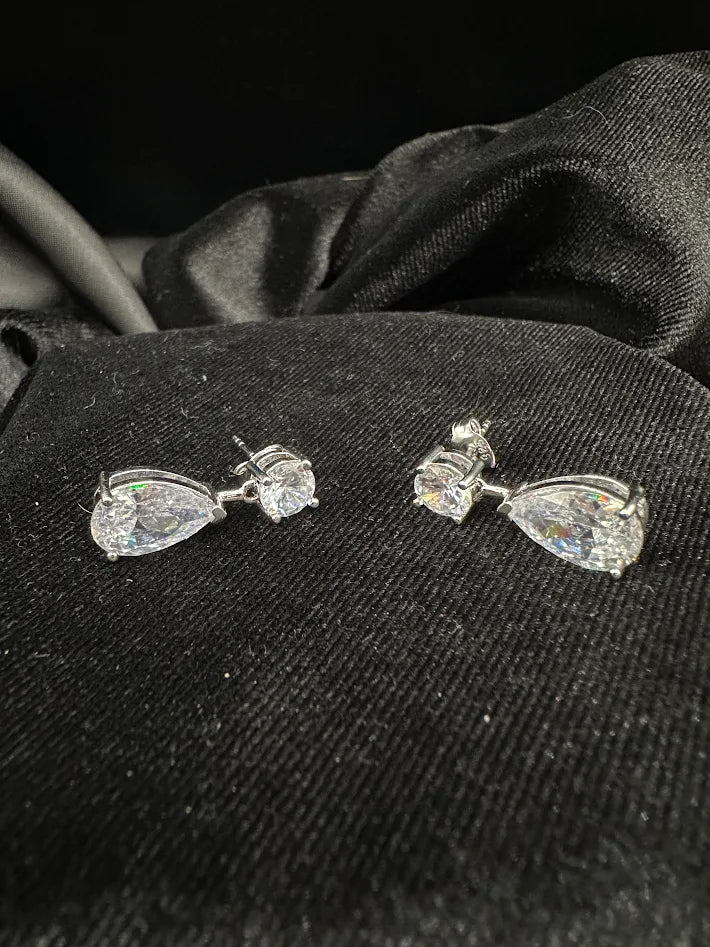 Vintage 925 Sterling Silver Rhodium Plated CZ Teardrop Dangle Earrings Clear Cubic Zirconia Bridal