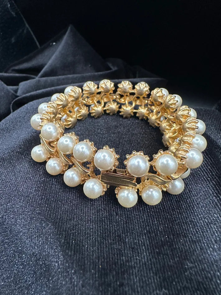 Gold Tone Faux Pearl Statement Bracelet Double Row Cluster Beaded Stretch Bracelet Vintage Style Jewelry