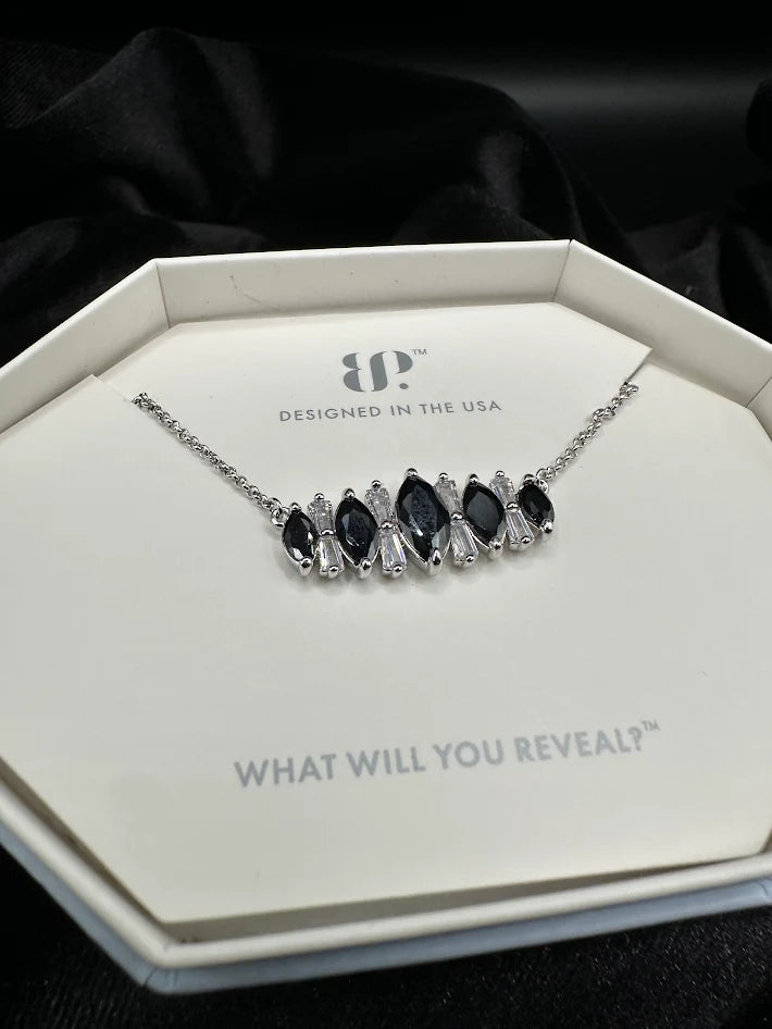 BP Black and Clear Crystal Bar Necklace Silver Tone Minimal Statement With Box
