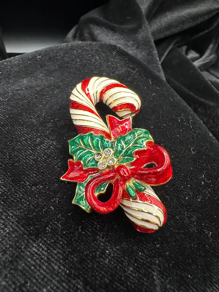 Vintage Style Candy Cane Christmas Brooch Red White Enamel Holly Bow Gold Tone Pin