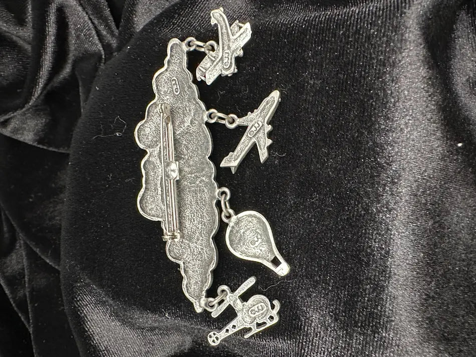 JJ Signed Airplane Brooch Cloud Dangle Pin Jonette Jewelry Hot Air Balloon Helicopter Whimsical