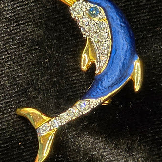 Gold Tone Blue Enamel Dolphin Brooch With Clear Rhinestone Accents