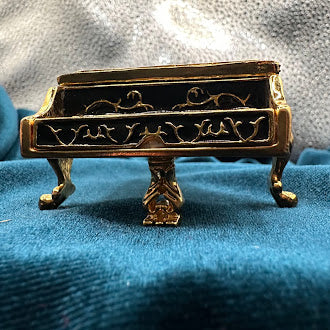Black Enamel Grand Piano Trinket Box Gold Tone Floral Lid Rhinestone Trim