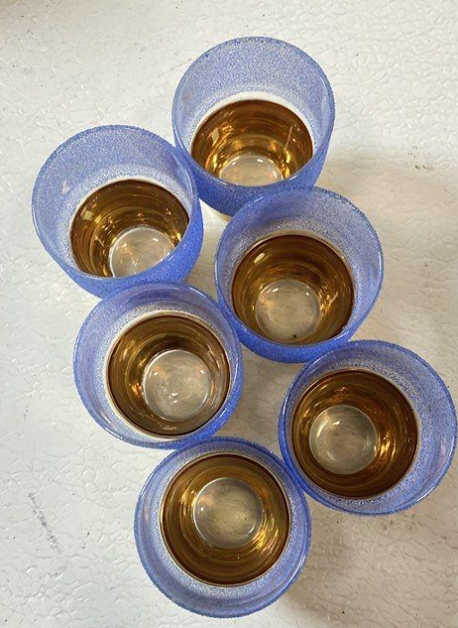 Textured Frosted Blue Glass Decanter Set with Gold Base, 7-Piece Barware Set, Vintage Modern Cocktail Set