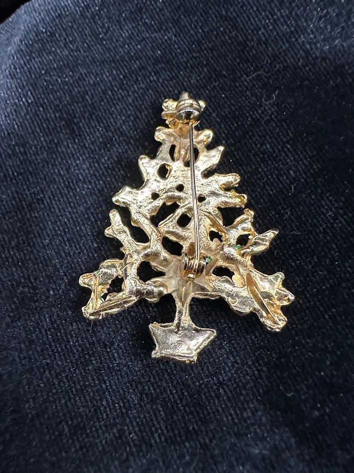 Vintage Christmas Gold Tone Tree Brooch Red and Green Enamel