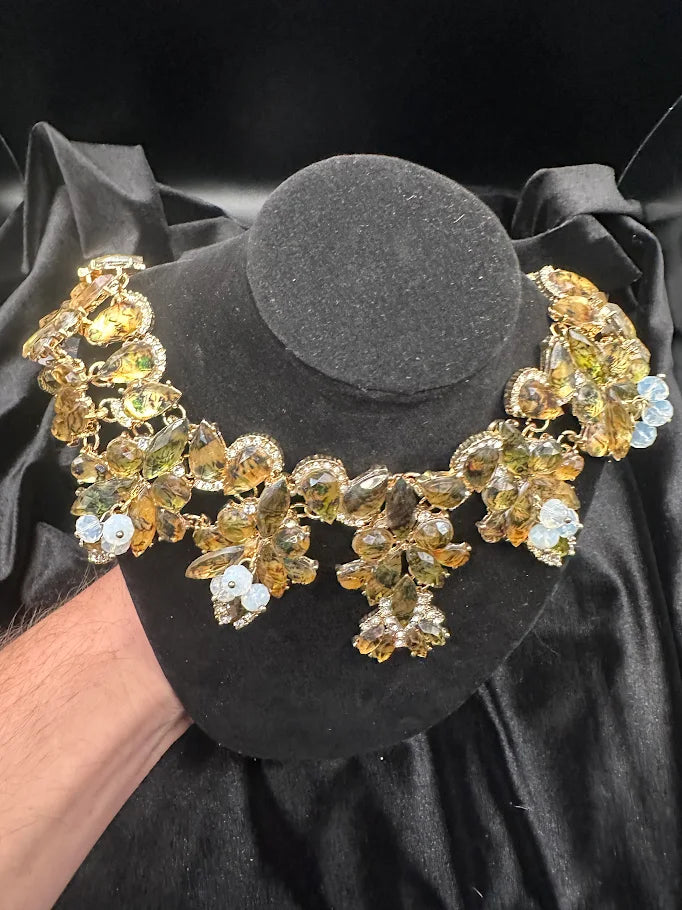 Gold Tone Floral Crystal Statement Collar Necklace