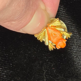 Mini Gold Tone Frog Pin With Orange Enamel And Lily Pad Detail
