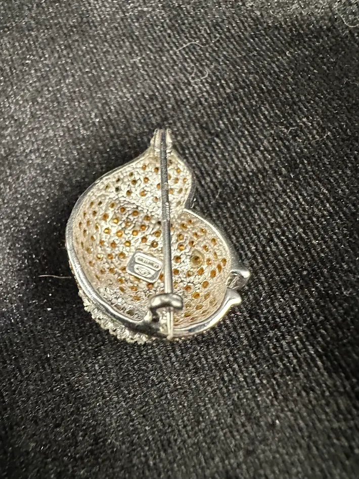 Vintage Sterling Silver Fish Brooch 925 Thailand Gold Tone Pavé Crystal Figural Pin Coastal Nautical Jewelry