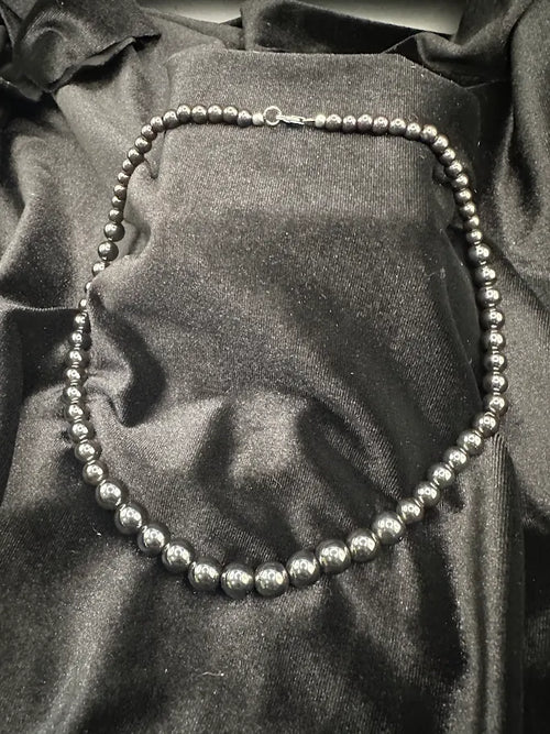Black Peacock Pearl Style Necklace with Silver Tone Decorative Clasp