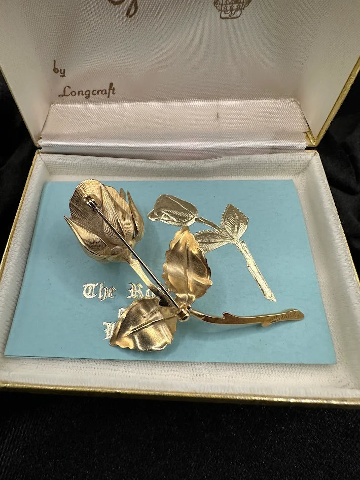 Giovanni Gold Tone Rose Brooch Longcraft Vintage Floral Pin With Original Box