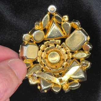 Large Vintage Multi Rhinestone Cluster Brooch Colorful Statement Pin Gold Tone