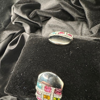 Vintage Wide Multi Color Crystal Grid Bracelet Silver Tone Statement Cuff Rainbow Rhinestone Glam Jewelry