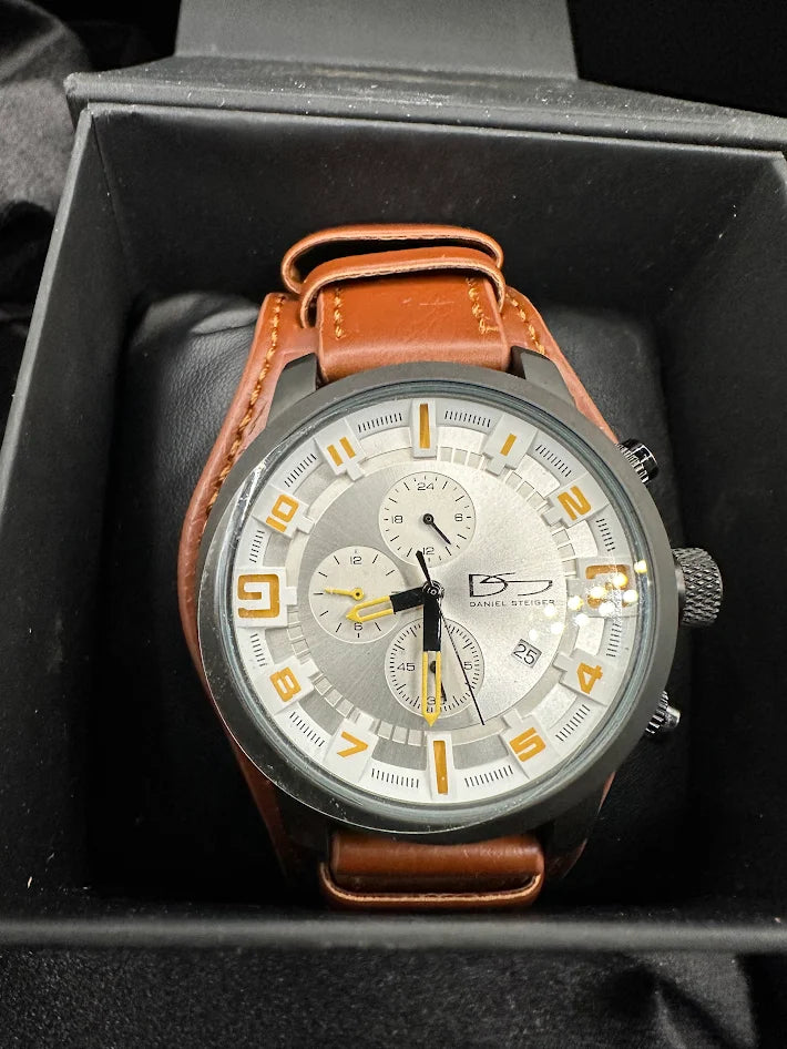 (SOLD) Daniel Steiger Chronograph Style Watch Gold-Tone Brown Leather Strap Men’s Watch with Original ox