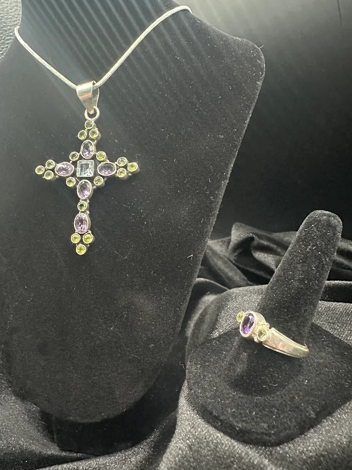 925 Sterling Silver Amethyst Peridot White Topaz Cross Pendant Necklace Ring Set Vintage Gemstone Jewelry