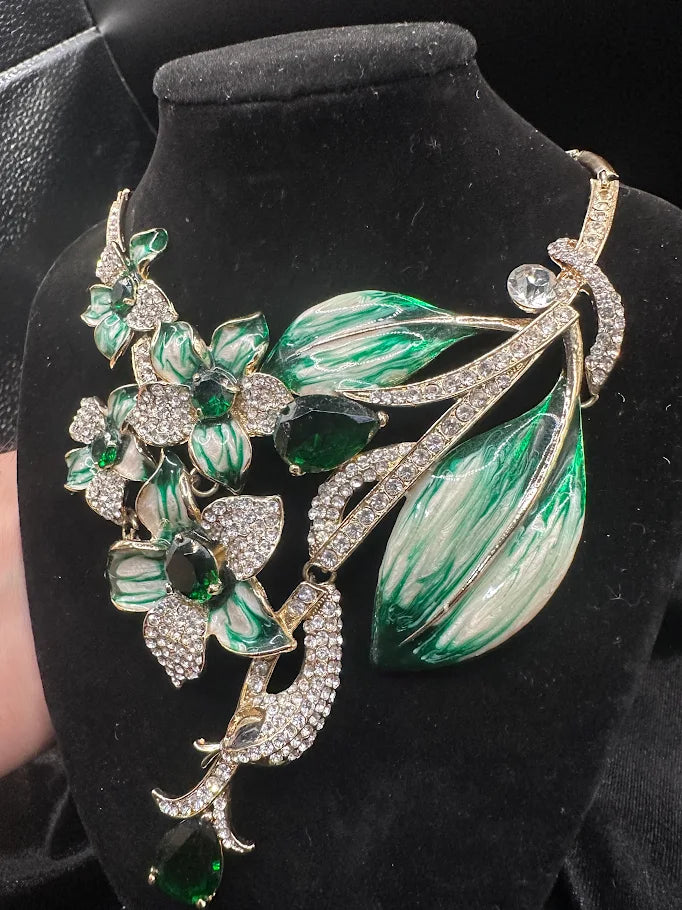 Green Enamel Floral Crystal Statement Necklace