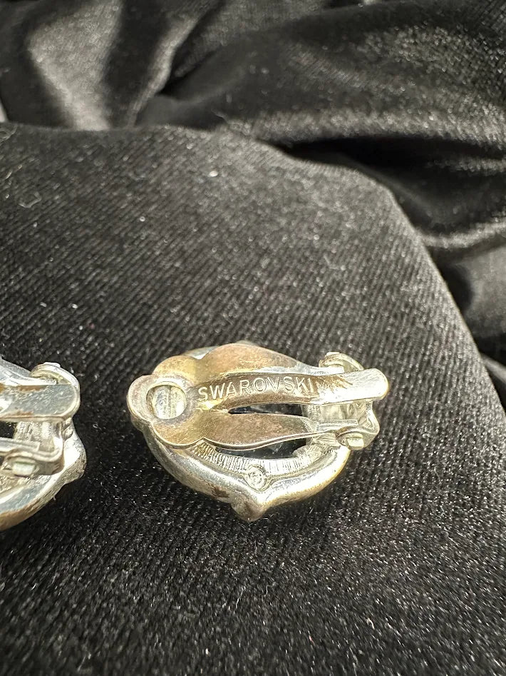 Swarovski Silver Tone Blue Crystal Oval Clip On Earrings Halo Design Statement Vintage Style Sparkling Rhinestone Earrings