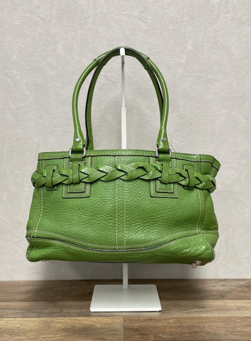Coach Hampton Green Pebbled Leather Tote with Braided Trim, Silver Hardware Shoulder Bag