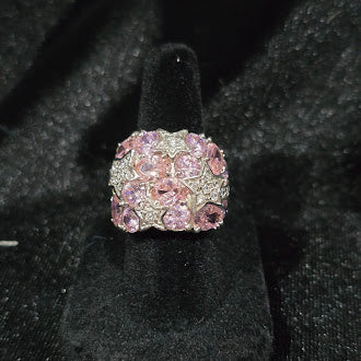 925 Sterling Silver Pink and White CZ Star Cluster Cocktail Ring Size 5.25 Statement Dome Ring