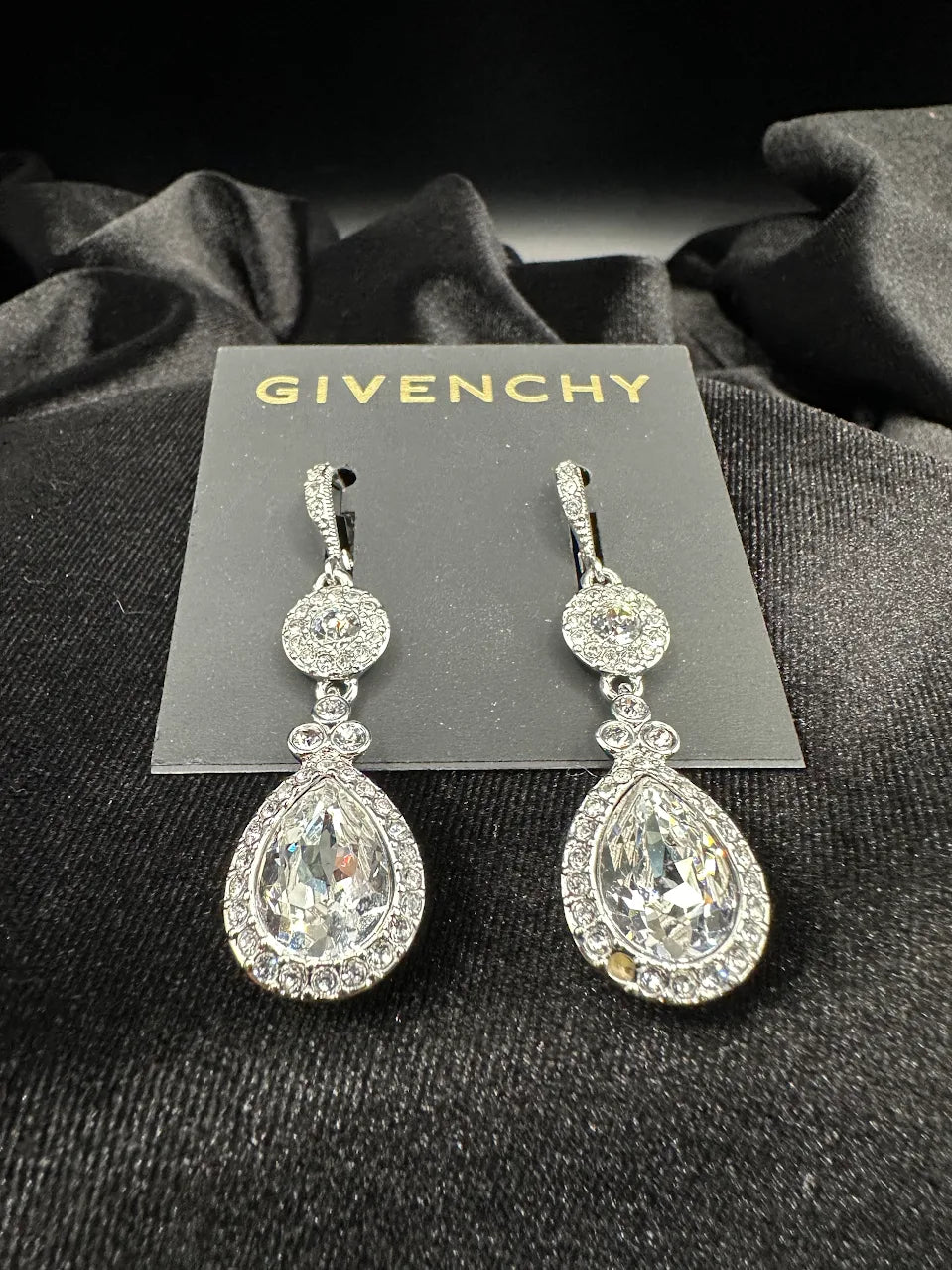 Givenchy Silver Tone Crystal Teardrop Drop Earrings | Clear Rhinestone Statement Earrings