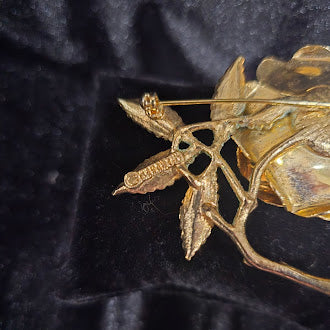 Vintage Sarah Coventry Flower Brooch Amber Rhinestone Enamel Leaves Gold Tone Floral Estate Designer Pin