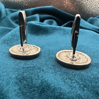 Vintage silver tone square tie tack set with black enamel minimalist design and chain back