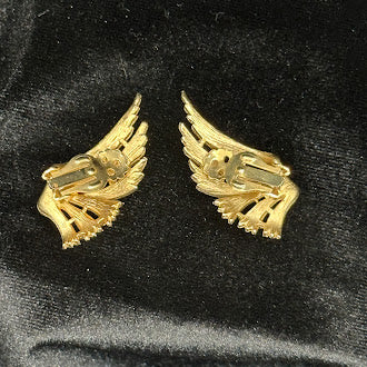 Gold Tone Wing Clip Earrings Sculptural Feather Design Vintage Statement Jewelry Unsigned