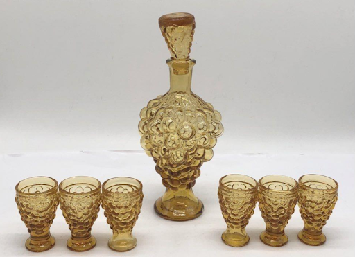 Vintage Amber Grape Cluster Glass Decanter Set with 6 Cordial Glasses Mid Century Barware