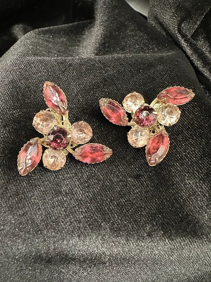 Gold Tone Pink and Clear Crystal Floral Cluster Clip Earrings Marquise Rhinestone Vintage Statement Jewelry