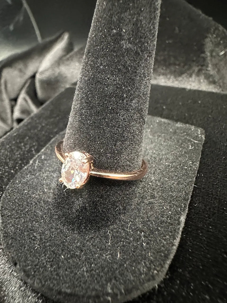 Rose Gold Tone Clear Crystal Solitaire Ring Oval Bridal Inspired Design