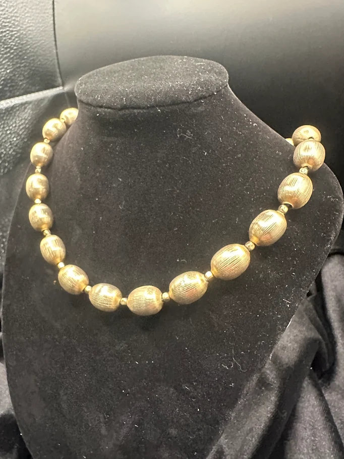 Trifari Gold Tone Textured Oval Bead Necklace Vintage Statement Jewelry