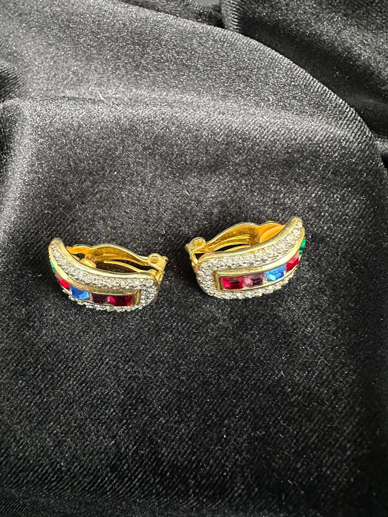 Vintage Piscitelli Gold Tone Rainbow Rhinestone Earrings Crystal Pave Statement Designer Jewelry