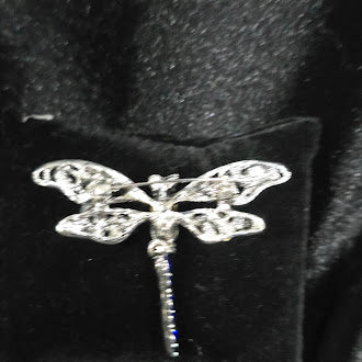Blue Rhinestone Articulated Dragonfly Brooch Silver Tone Filigree | Crystal Insect Statement Pin
