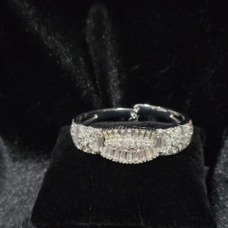 Vintage Ledo Silver Tone Hinged Bangle Bracelet with Icy Rhinestones, Art Deco Revival Design, Baguette Halo Center, Elegant Statement Style