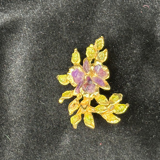 Gold Tone Floral Spray Brooch with Pink Rhinestone Flower and Leafy Branch Design