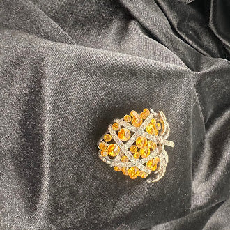 Silver Tone Orange Rhinestone Strawberry Brooch Crystal Leaf Fruit Pin