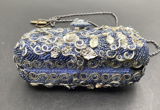 Mary Frances Beaded Floral Clutch with Chain Strap | Blue Gold Embellished Evening Handbag