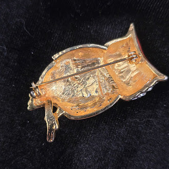 Gold Tone Red Enamel Owl Brooch With Clear Rhinestones And Green Eyes