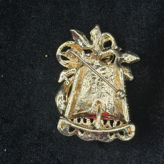 Christmas Bell Brooch with Red and Green Enamel Bow