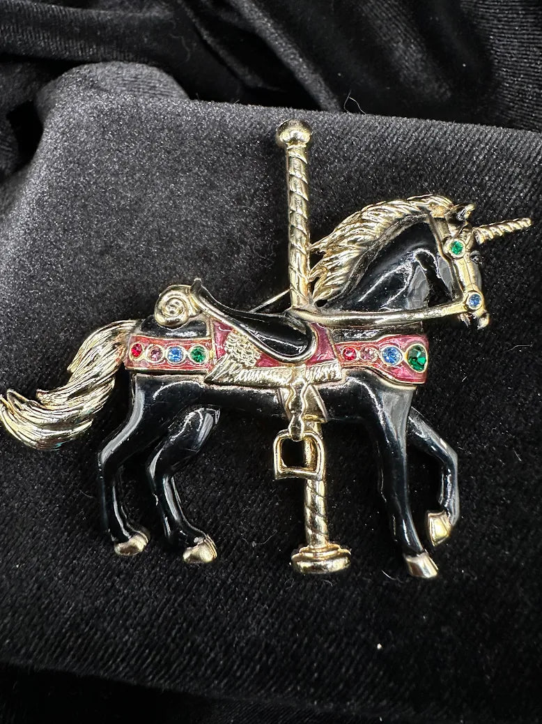 Vintage Enamel Carousel Horse Brooch Black Gold Tone Rhinestone Saddle Equestrian Pin