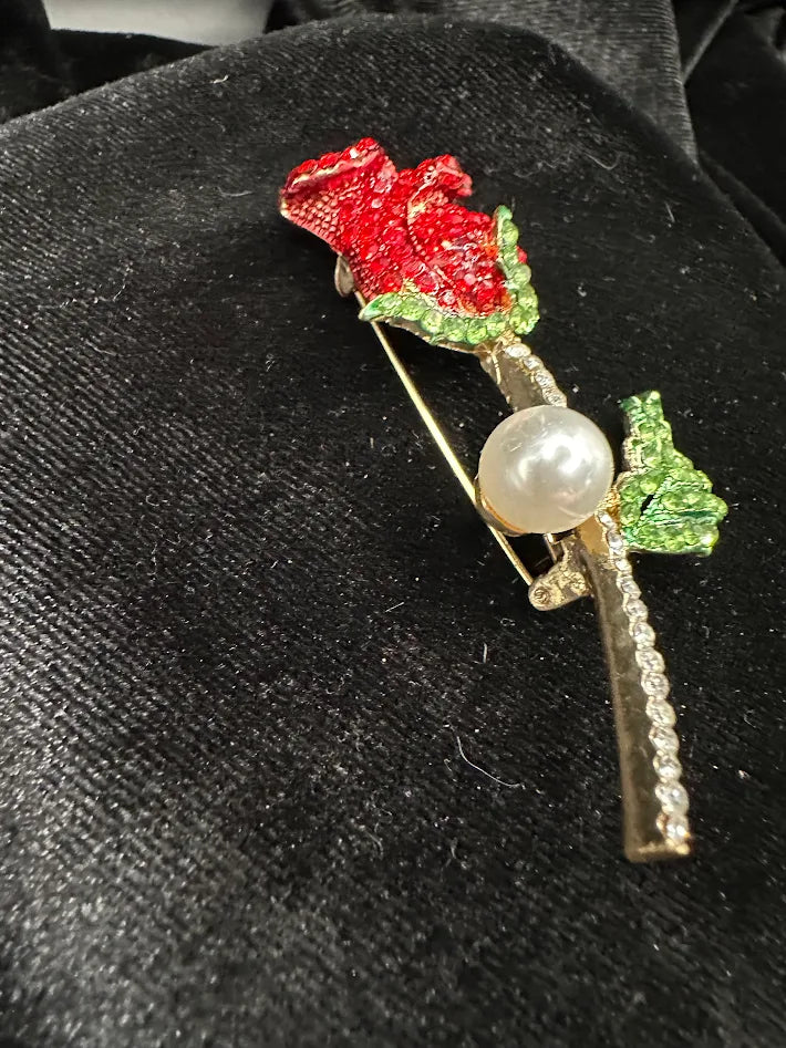 Red Rose Brooch Rhinestone Crystal Flower Pin Faux Pearl Stem Green Leaf Statement